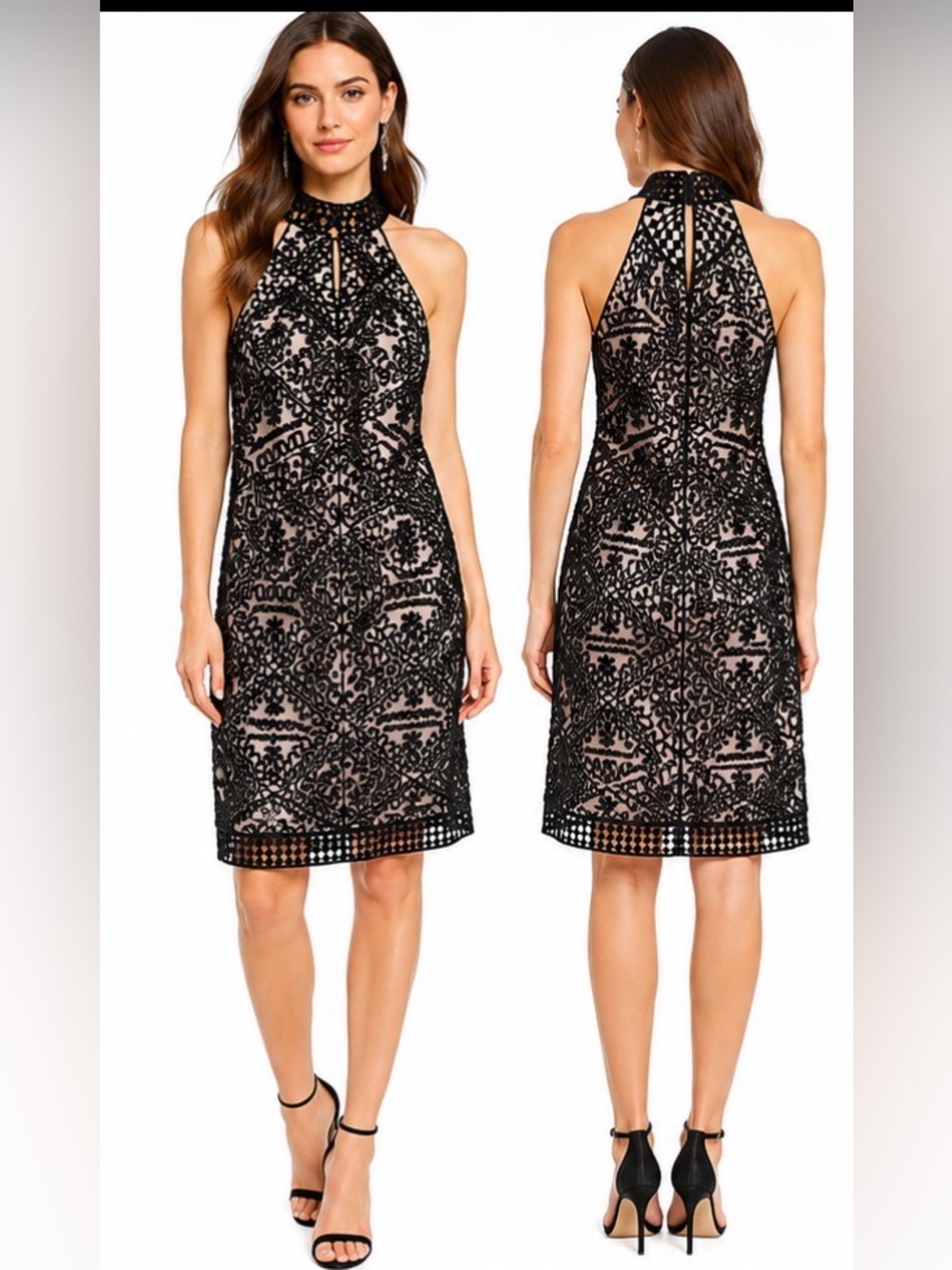 Nicole Miller Black Lace Midi Halter Dress Sz 4 wedding guest mini Nude Lining - Picture 1 of 11